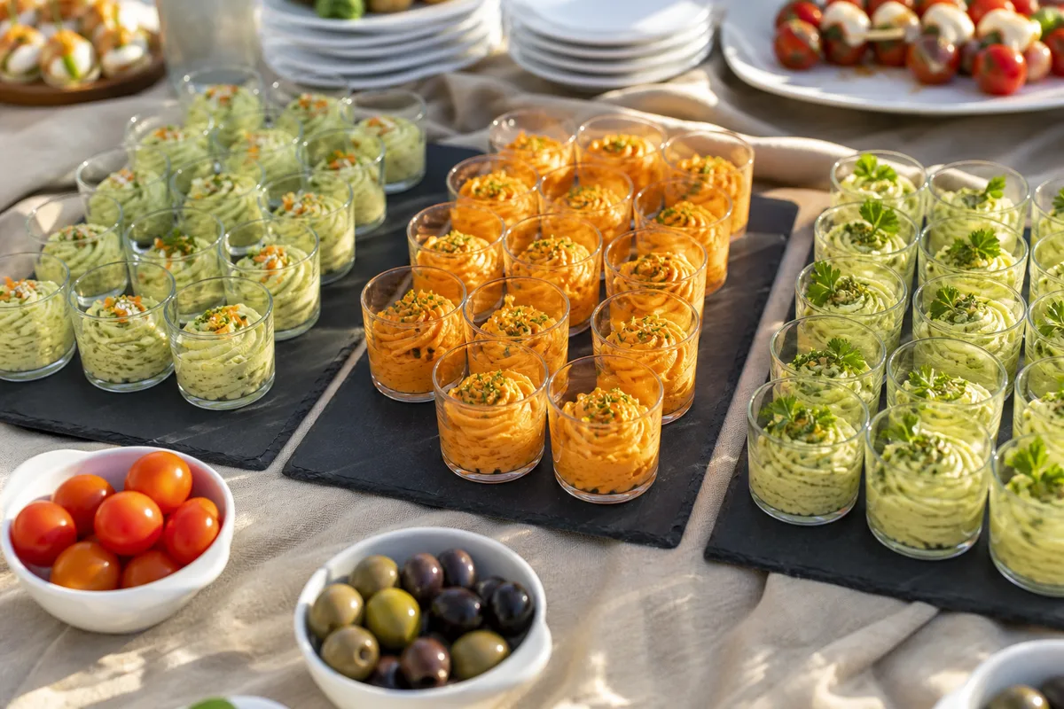 Buffet froid dressé sur une longue table nappée de lin clair avec plateaux de verrines