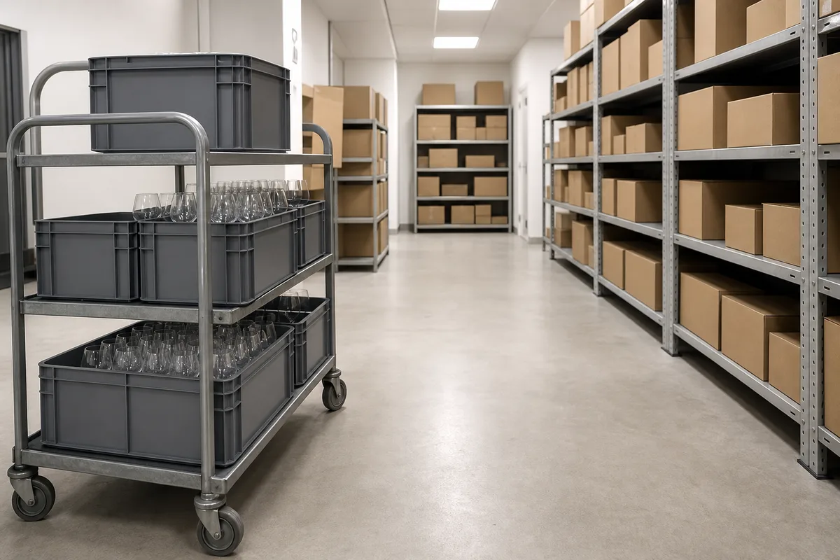 Réserve de salle de réception avec chariot à plateaux chargé de caisses de verres