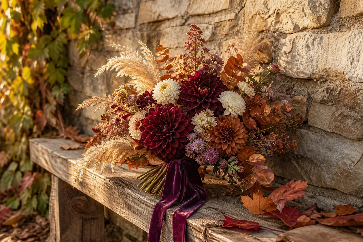 Bouquet de mariée d&rsquo;automne avec dahlias bordeaux, graminées et feuillages cuivrés