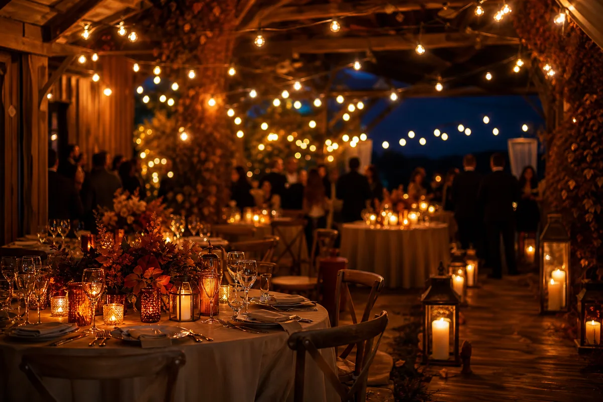Réception de mariage le soir sous guirlandes lumineuses avec bougies et lanternes