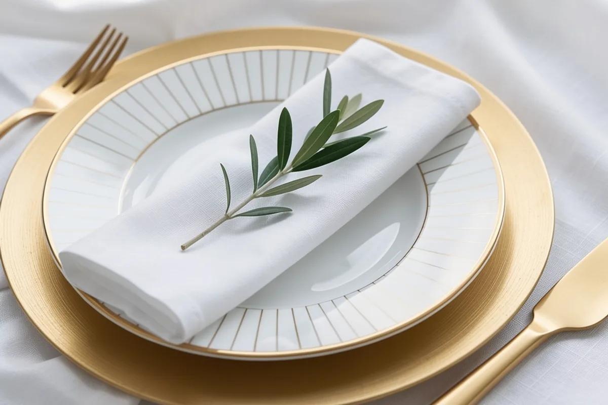 Assiette blanche à filet or sur une assiette de présentation dorée avec serviette en lin