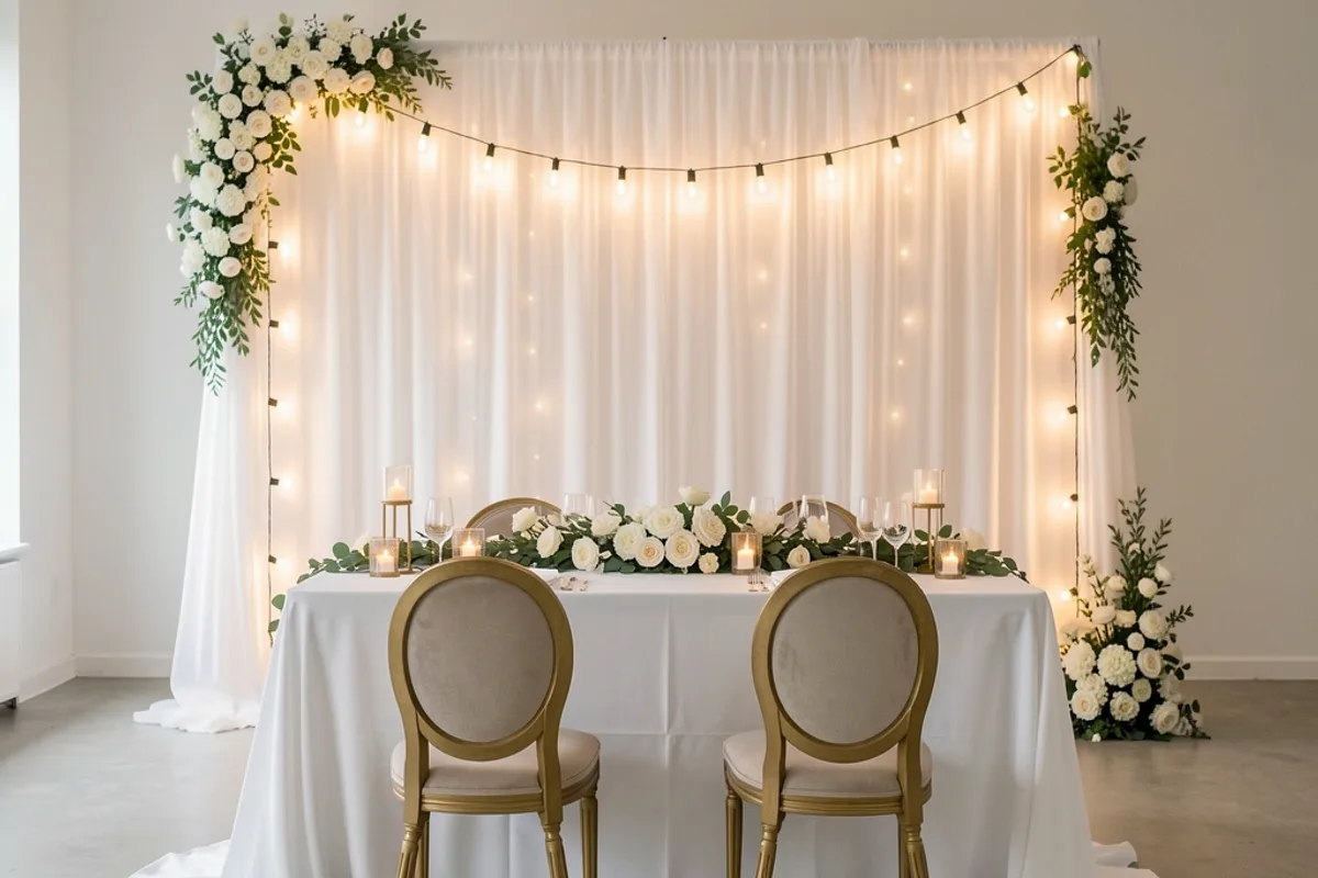 Table des mariés devant un voilage blanc avec guirlande lumineuse et fleurs blanches