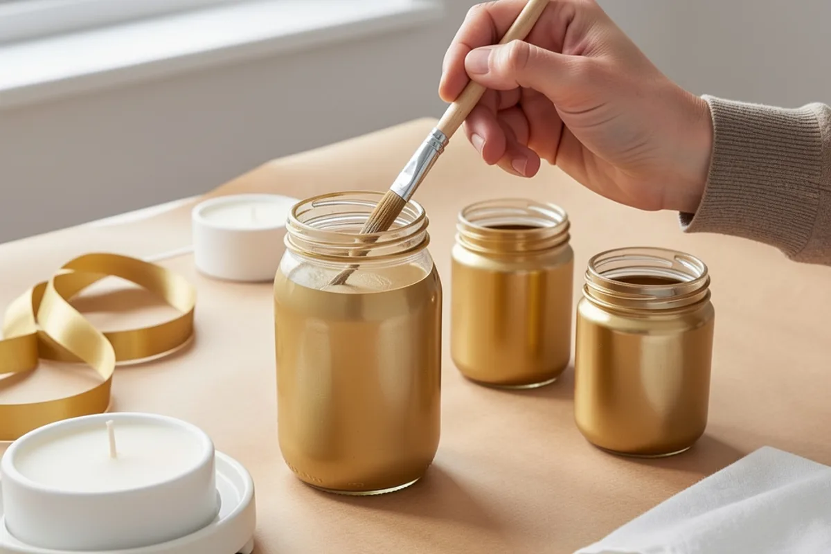 Mains qui peignent un bocal en verre à la peinture dorée sur du papier kraft