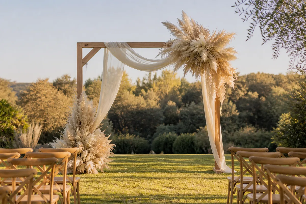 Arche de cérémonie en bois clair ornée de deux bouquets de plumeaux beiges asymétriques