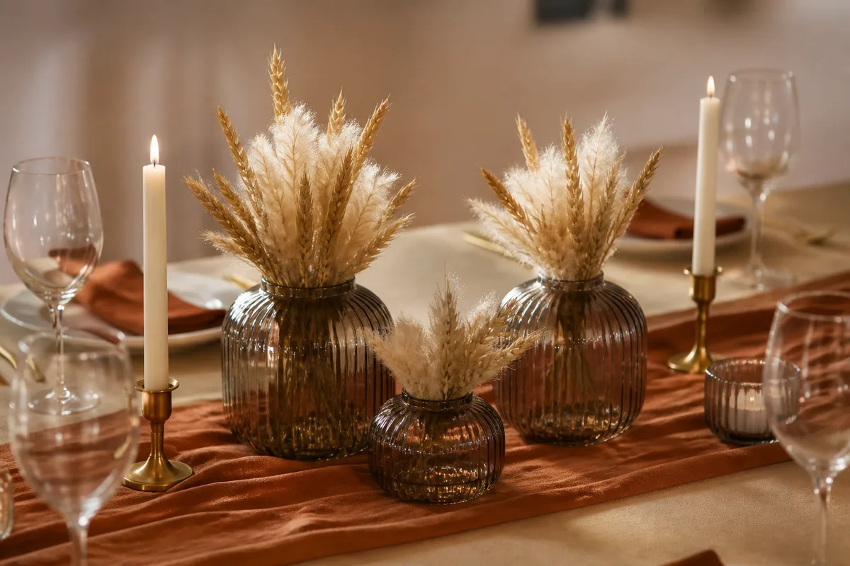 Centre de table bas en verre fumé avec graminées séchées beiges et bougies ivoire