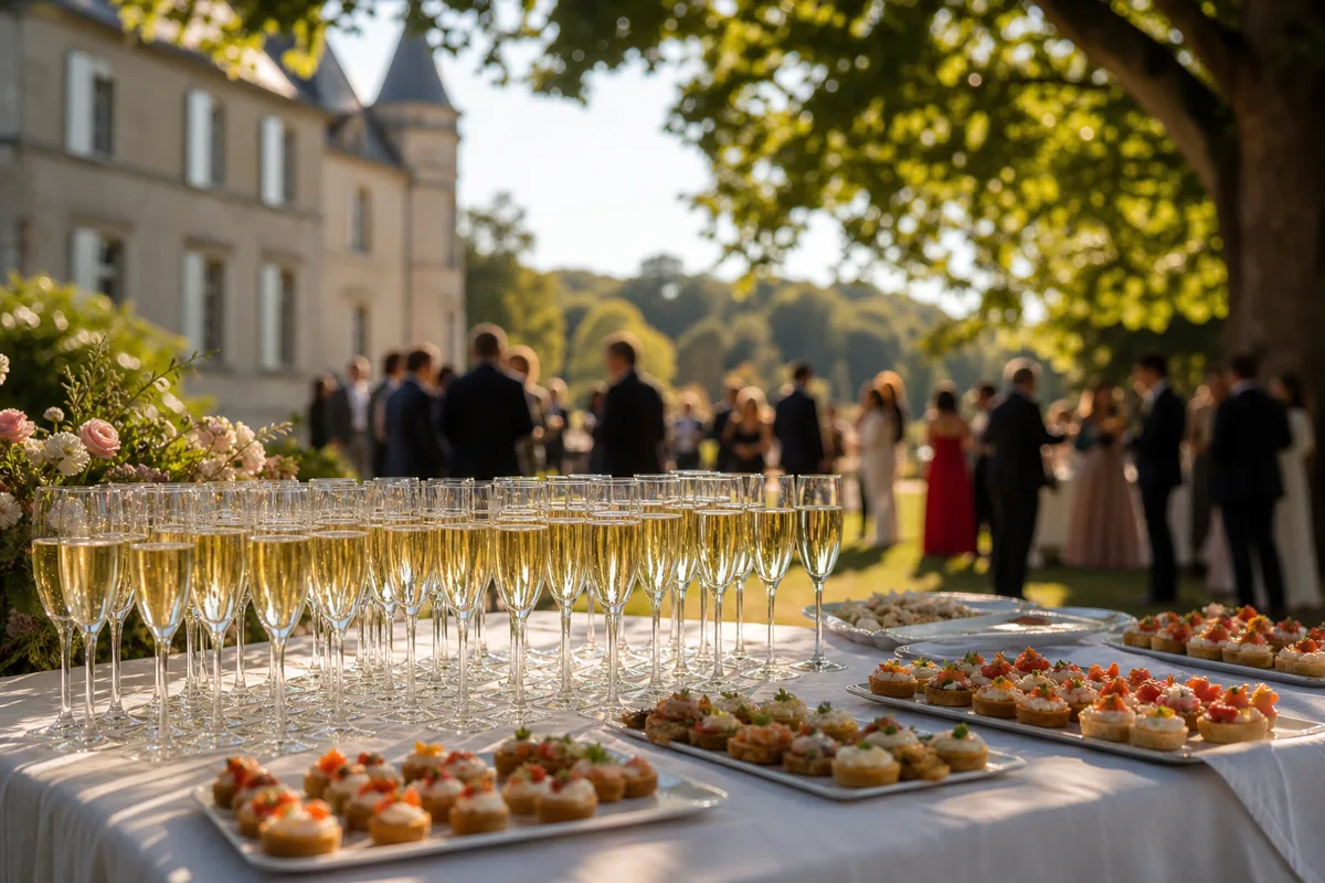 Coupes de champagne et plateaux de bouchées sur une table de cocktail en extérieur