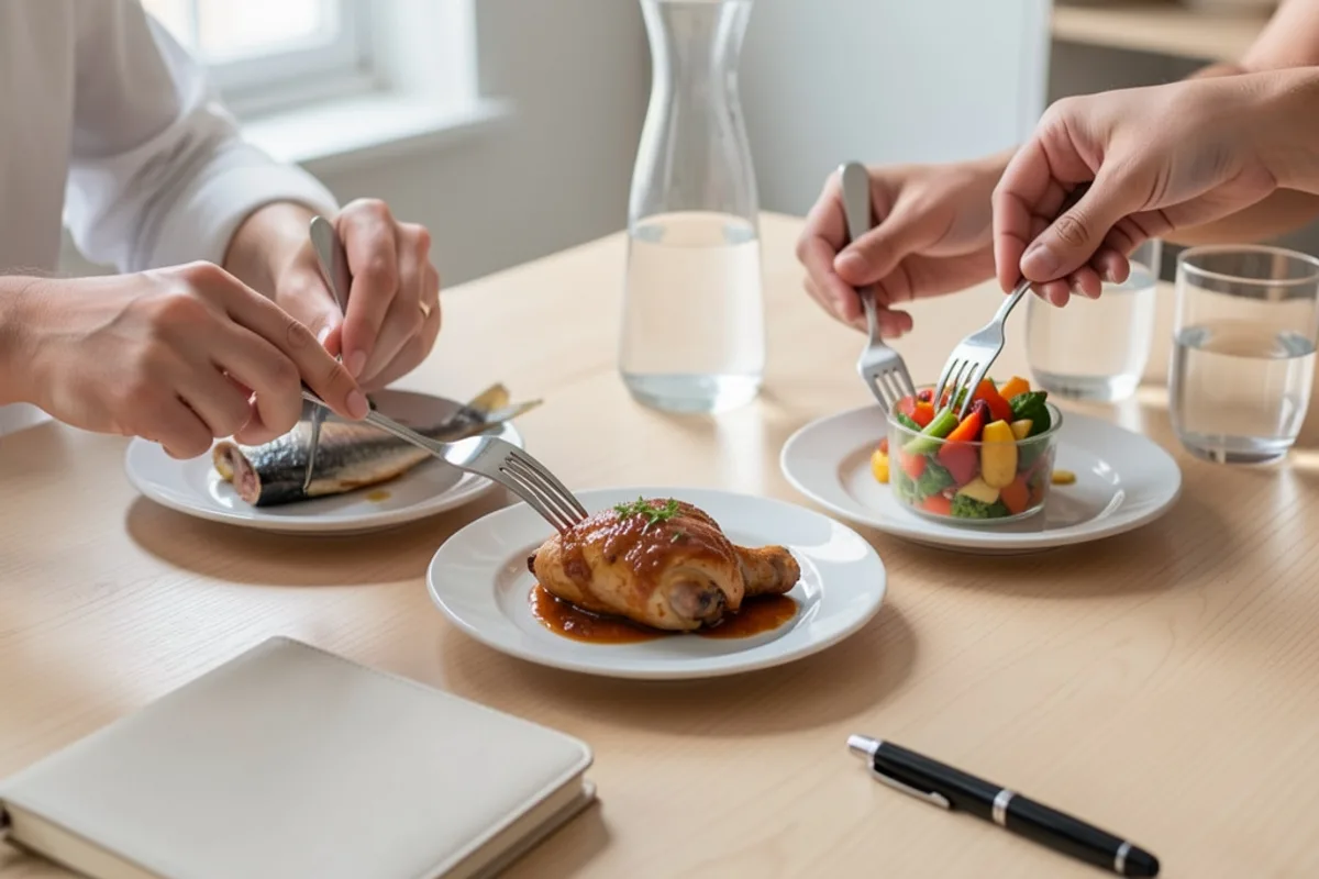 Table de dégustation chez un traiteur avec trois petites assiettes de propositions de menu