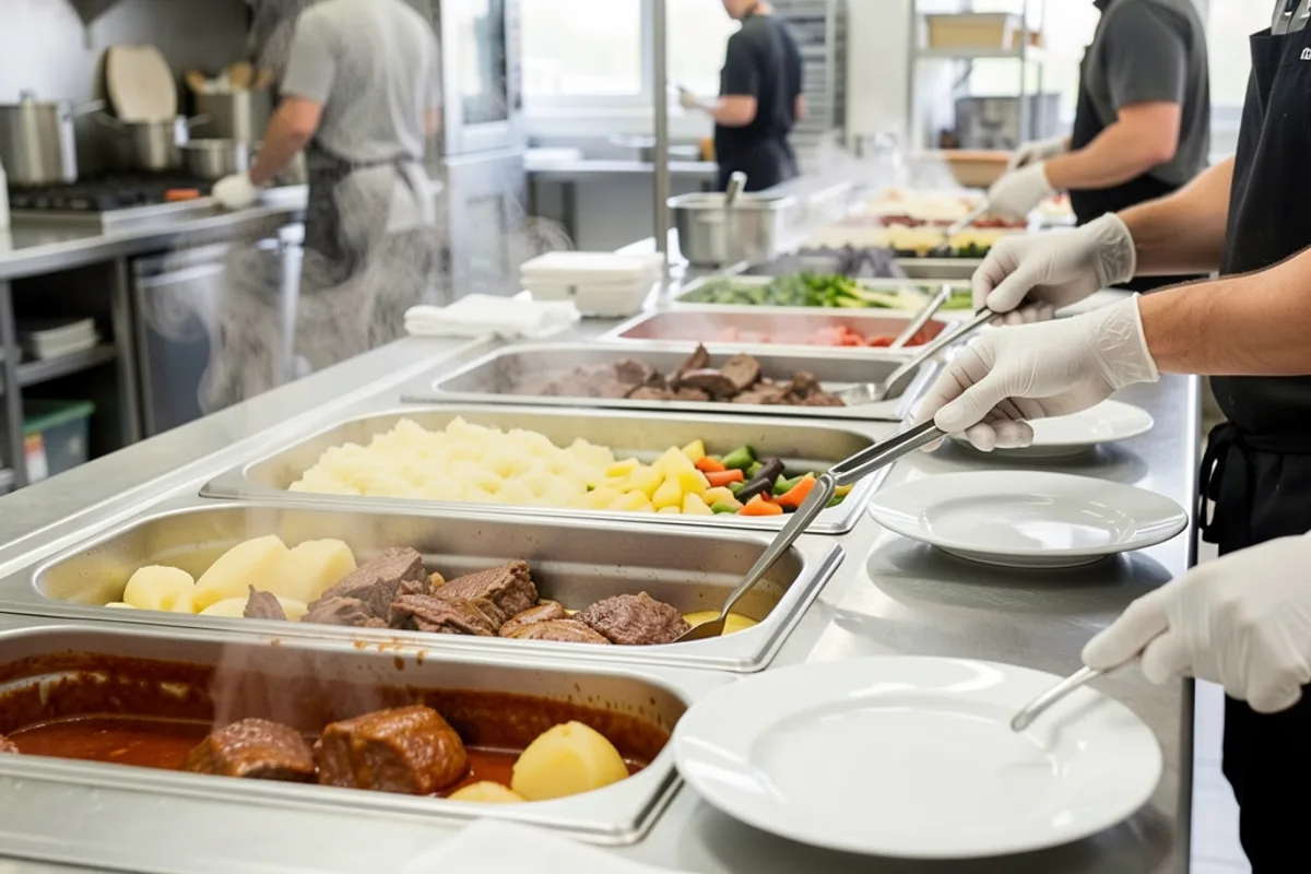 Cuisine de traiteur en plein service avec assiettes identiques dressées sur la passe