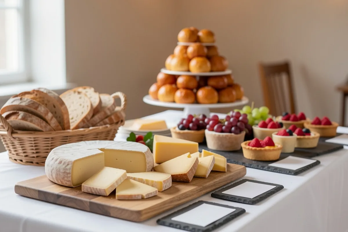 Buffet de fromages et de desserts de mariage avec pièce montée de choux en arrière plan