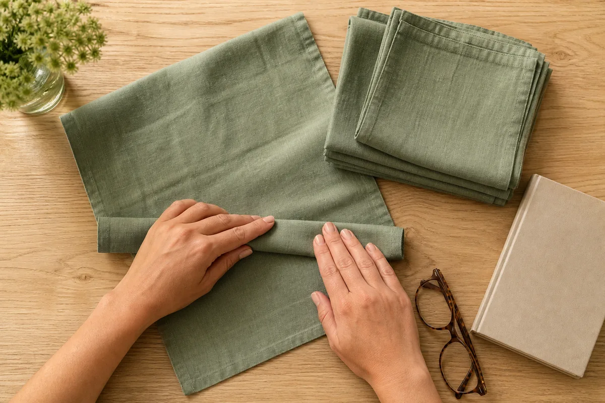 Mains marquant le pli d’une serviette en lin vert sauge sur une table en chêne clair