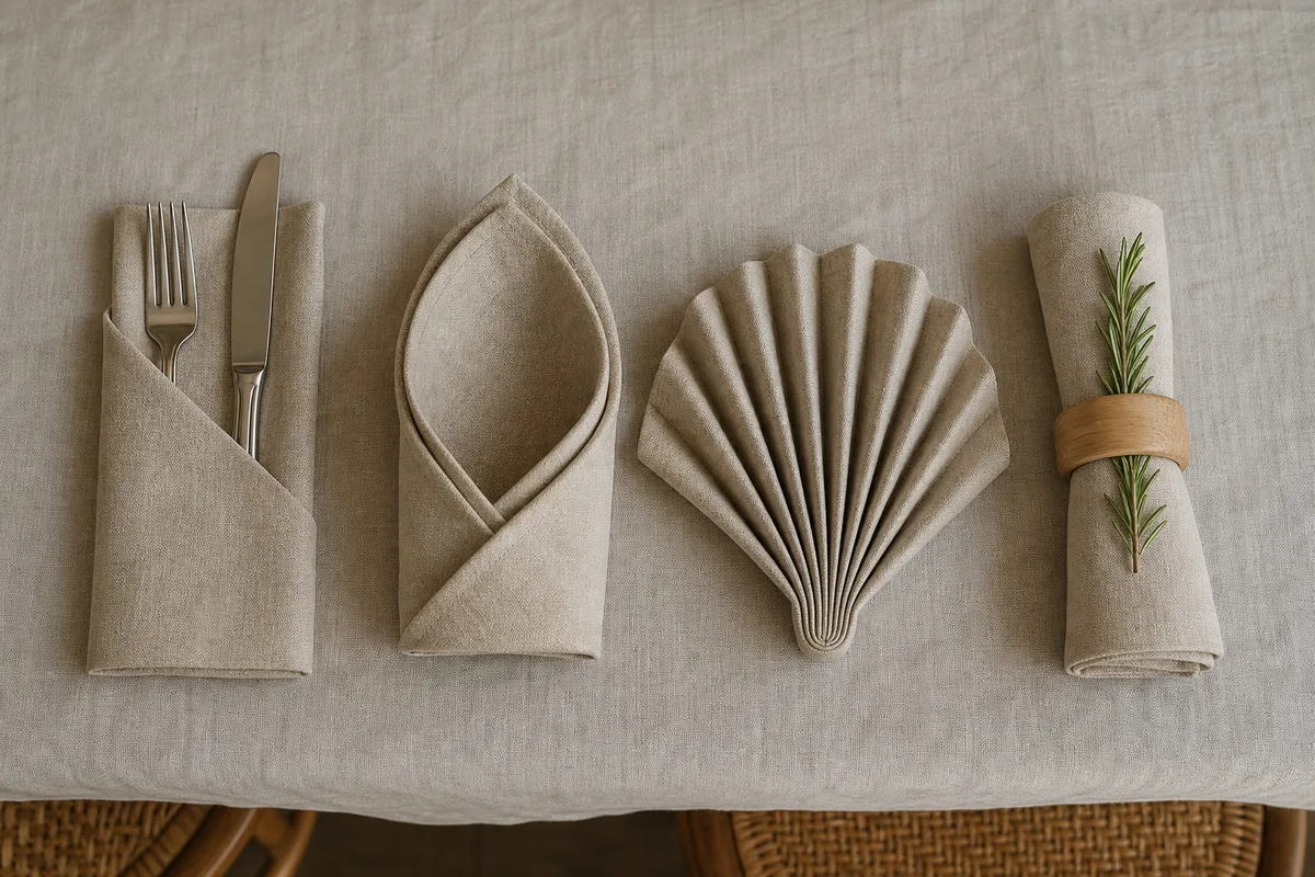 Quatre pliages de serviette alignés sur une nappe en lin, dont une pochette à couverts et une mitre