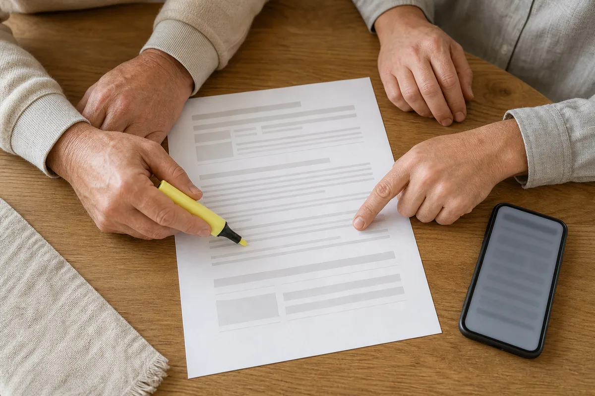 Couple de futurs mariés relisant un contrat de prestataire, téléphone en main