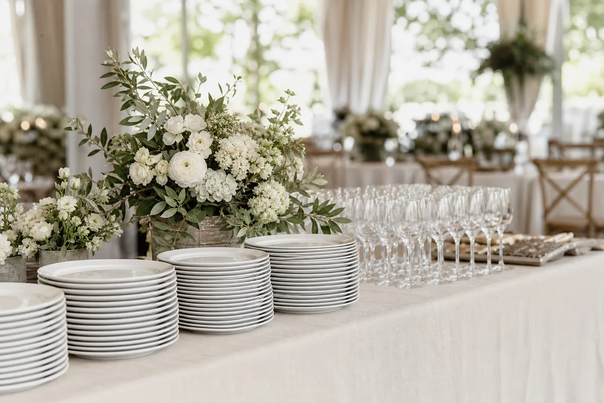 Buffet de mariage dressé avec vaisselle louée et fleurs de saison